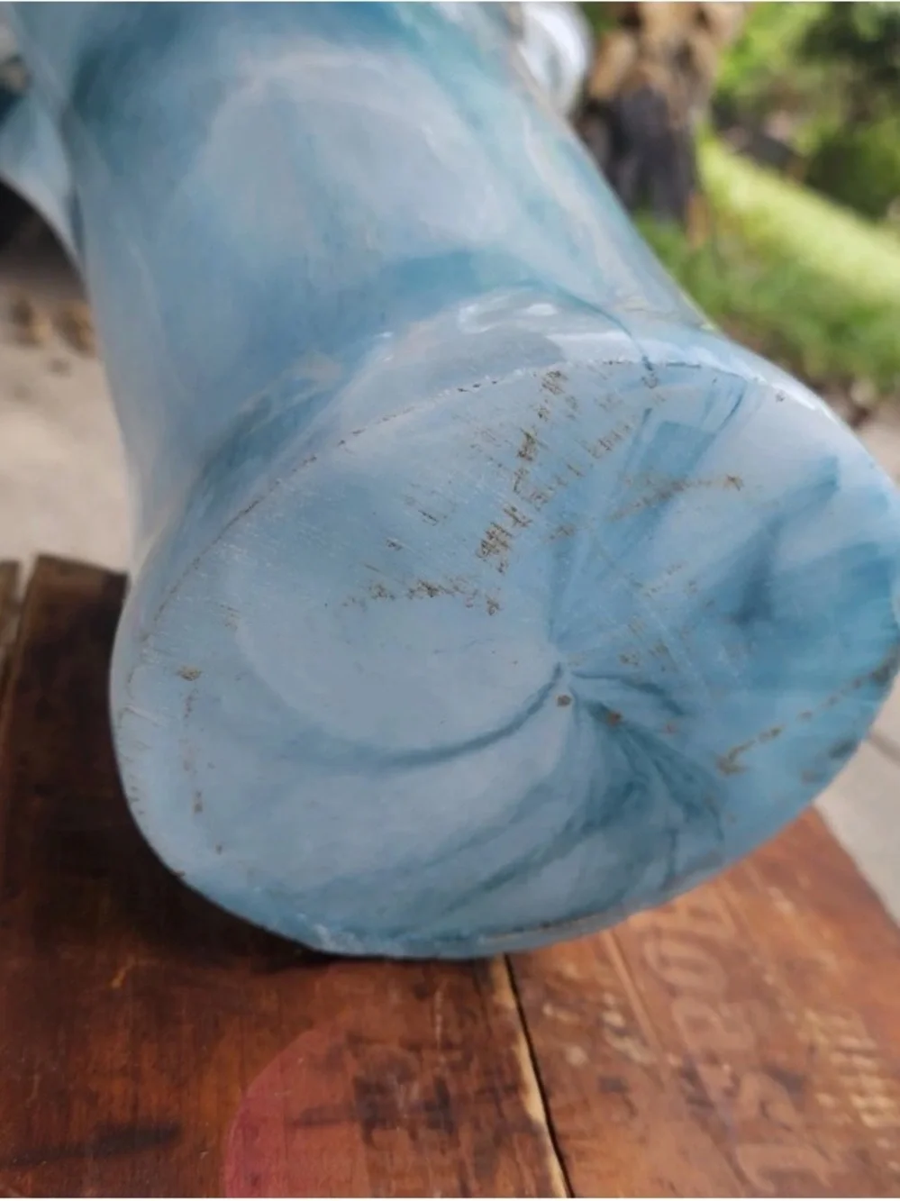 Large Hand Blown Blue & White Swirl Art Glass Ruffled Vase 15.5